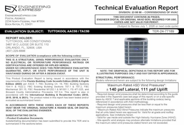 Tuttokool Air: AAC50 / TAC50 Units Technical Evaluation Report
