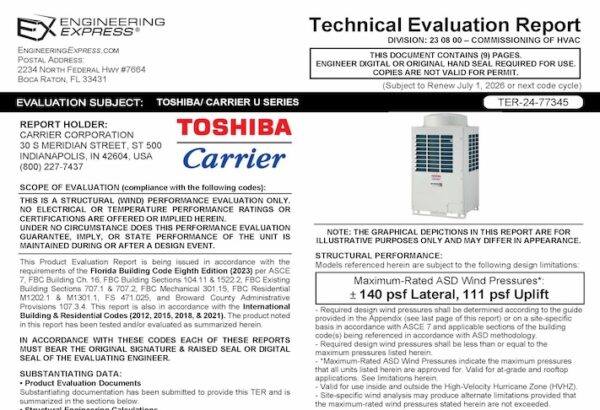 Carrier: Toshiba / Carrier U Series Units Technical Evaluation Report