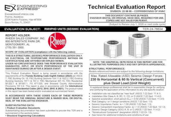 Rheem: RMHPHD Units (Seismic Evaluation) Technical Evaluation Report