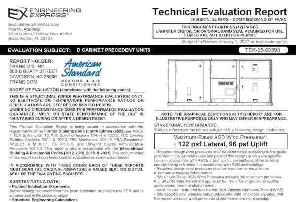American Standard: Precedent D Cabinet Units Technical Evaluation Report