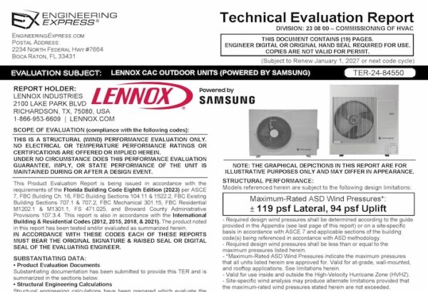 Lennox: Commercial Air Conditioning (CAC) Outdoor Units (Powered by Samsung) Technical Evaluation Report