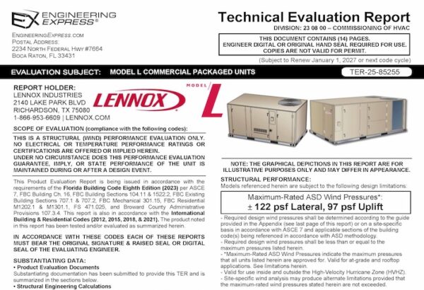 Lennox: Model L Commercial Package Units Technical Evaluation Report