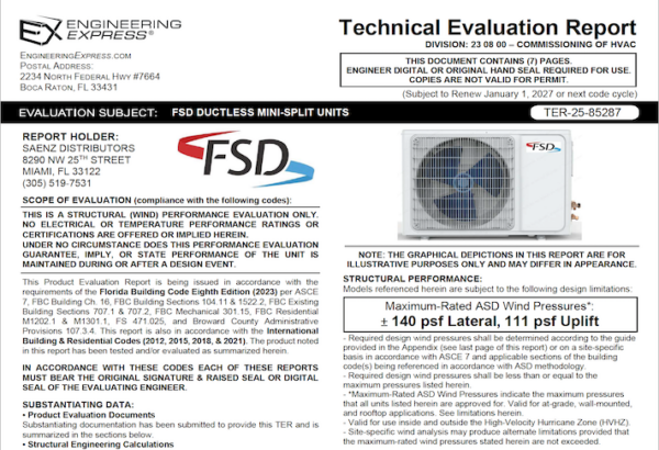 Saez Distributors: FSD Ductless Mini-Split Units Technical Evaluation Report