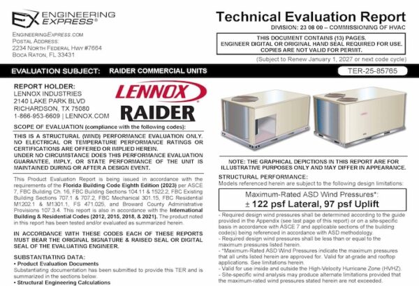 Lennox: Raider Commercial Units Technical Evaluation Report