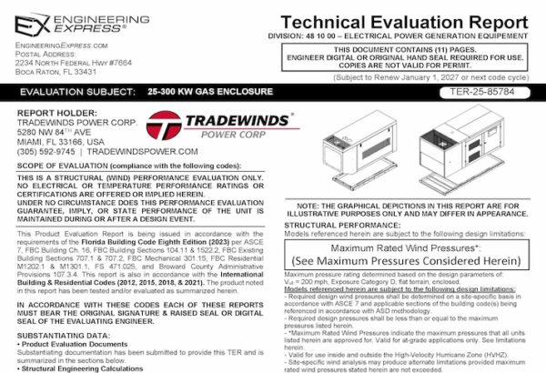 Tradewinds: 25-300 KW Gas Enclosure Technical Evaluation Report