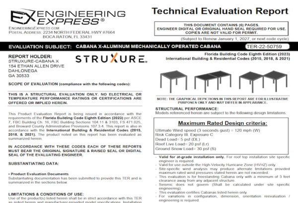 StruXure: Cabana X Aluminum Mechanically Operated Cabana Technical Evaluation Report