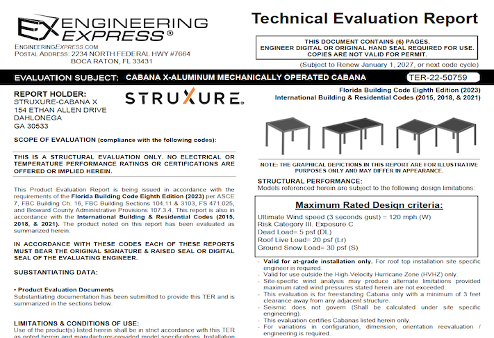StruXure: Cabana X Aluminum Mechanically Operated Cabana Technical Evaluation Report