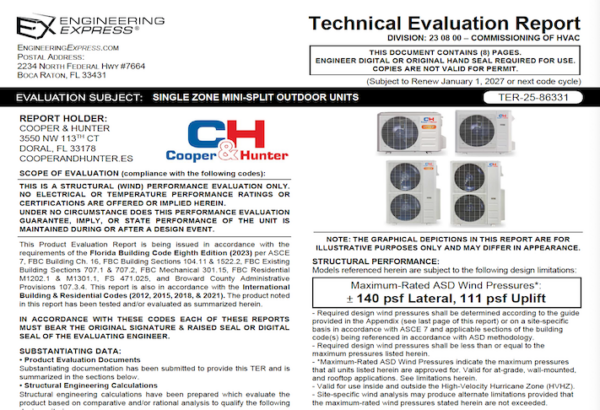 Cooper & Hunter: Single Zone Mini-Split Outdoor Units Technical Evaluation Report