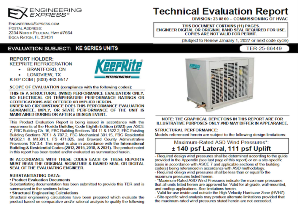KeepRite Refrigeration: KE Series Units Technical Evaluation Report