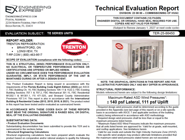 Trenton Refrigeration: TE Series Units Technical Evaluation Report