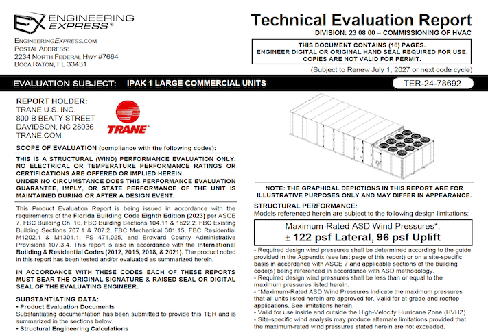 Trane: IPAK 1 Large Commercial Units Technical Evaluation Report