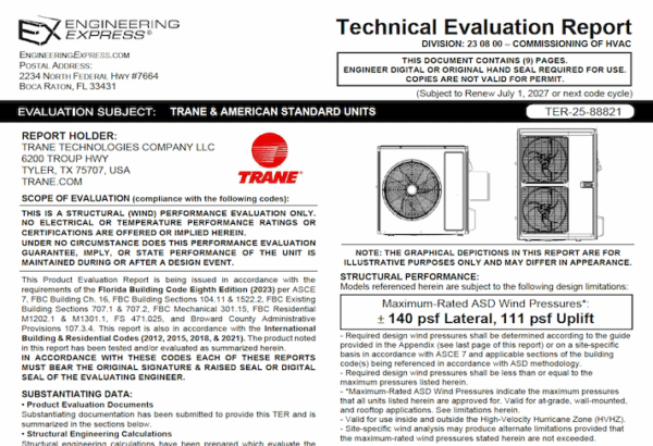 Trane & American Standard Split Units Technical Evaluation Report
