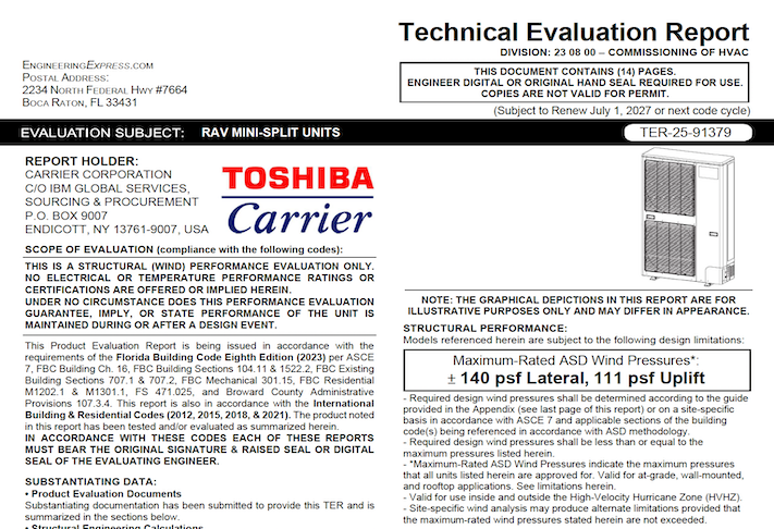 Carrier: Toshiba RAV Mini Split Units Technical Evaluation Report