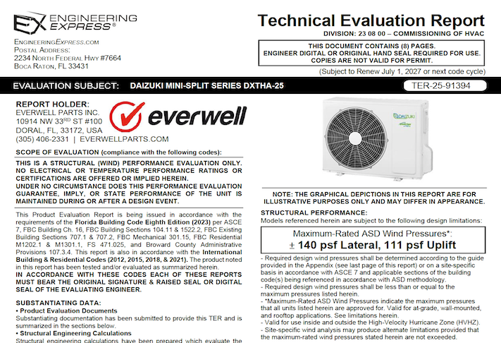 Everwell Parts: Daizuki Mini-Split Series DXTHA-25 Units Technical Evaluation Report