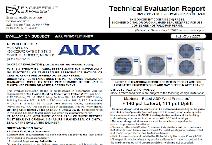 Aux Air: Aux Mini-Split Units Technical Evaluation Report