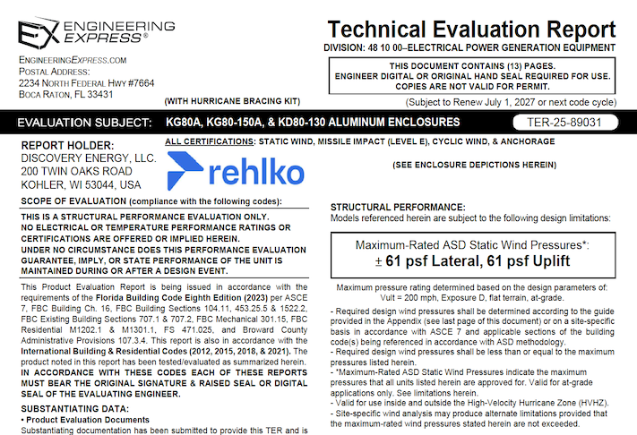 Rehlko: KG80-150A, KD80-130 Enclosures Technical Evaluation Report