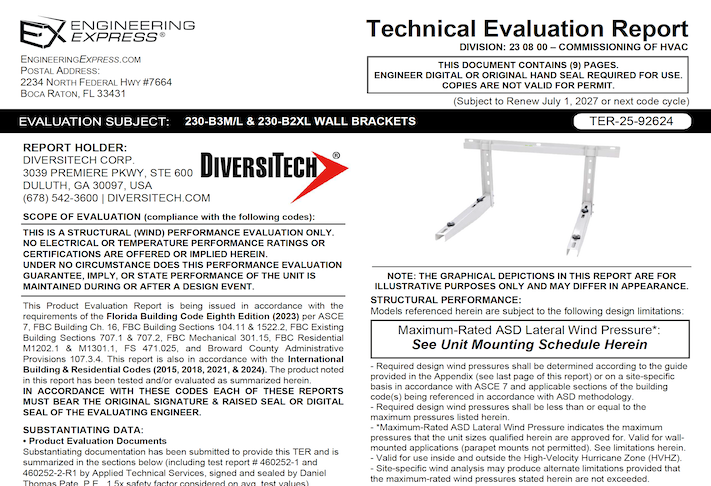 Diversitech: 230-B3M/L & 230-B2XL Wall Bracket Technical Evaluation Report