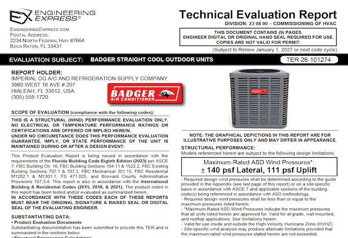 Badger: Straight Cool Outdoor Units Technical Evaluation Report