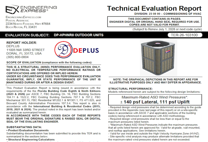 Deplus: DP-HPHNR8 Outdoor Units Technical Evaluation Report