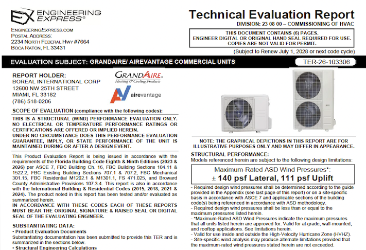 Boreal International: GrandAire / Airevantage Commercial Units Technical Evaluation Report
