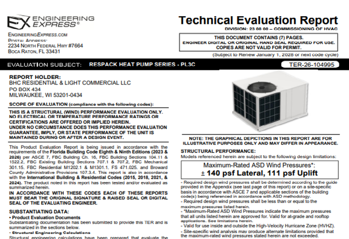 BHC Residential and Light Commercial: Respack Heat Pump Series - PL3C